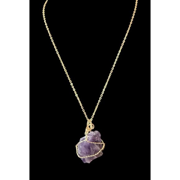 Jewelry - Raw Wire Wrapped Amethyst Crystal Pendant Necklace w/ Gold-Tone Chain